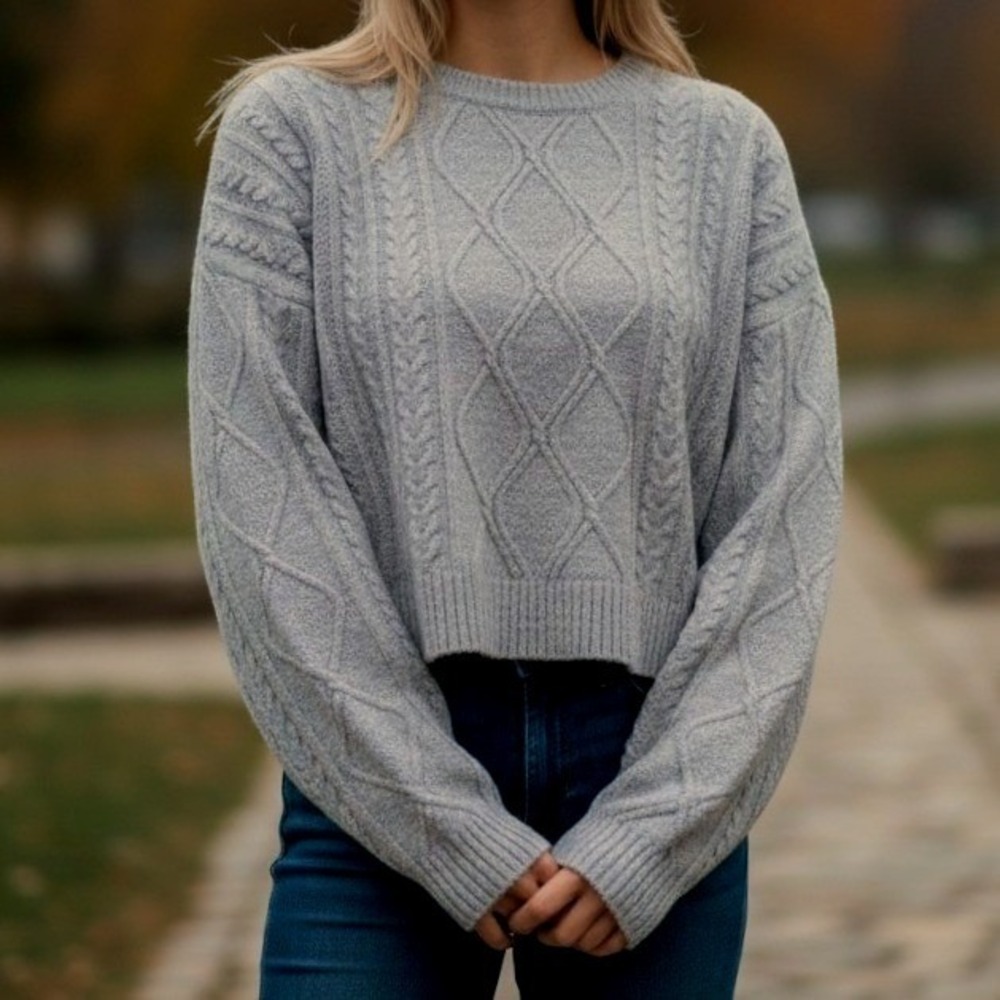 No Boundaries Chunky Crop Cable Knit Sweater L 12-14 Gray Diamond Lattice Cozy